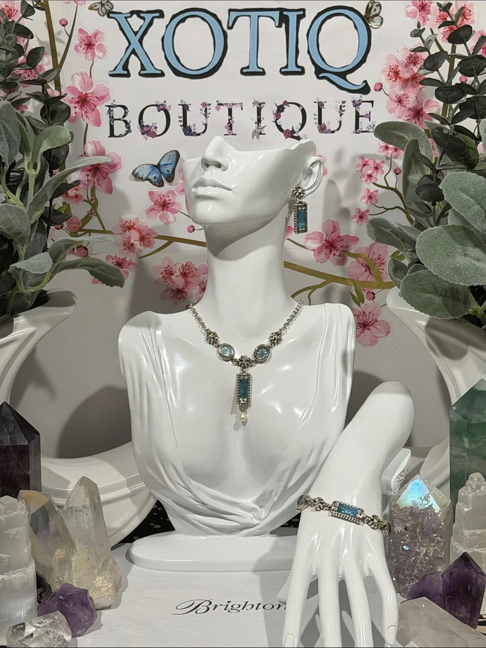 🆕🦋 RARE SET Brighton RETIRED VTG SLVR Crystal Necklace, Bracelet & Earrings Set